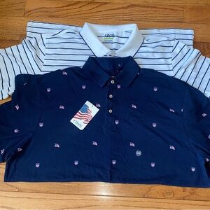 TWO Mens IZOD & CHAPS XXL  Navy and White AMERICAN FLAG & Strip Polo Shirts 👕